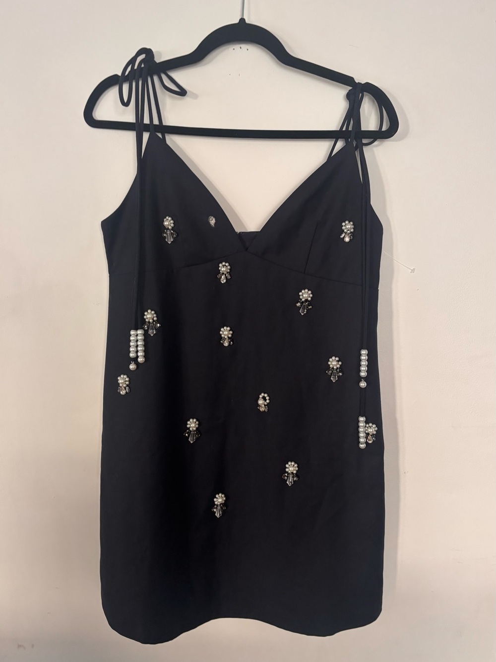 NWT - Embellished Black Mini Shift Dress with Pearl Tie Straps